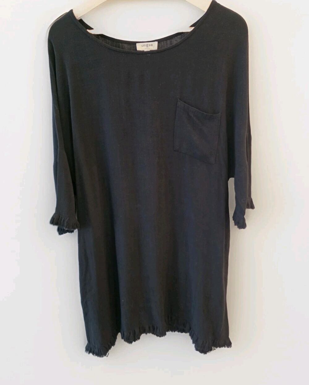 UMGEE Black Oversized Tunic Top with Boho Fringe Trim - Women's Size Small